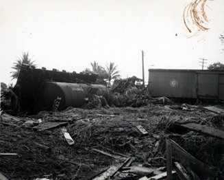 Photo of displaced traincars after 1946 tsunami